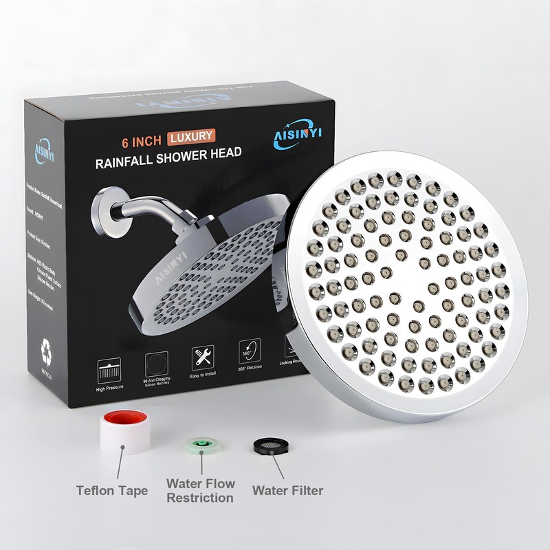 AISINYI High Pressure Rainfall Shower Head, 6 Inches Luxury Modern