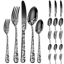 Vilihkc 20 piece Unique Pattern Design Silverware Set, Stainless Steel Flatware Set Service for 4, black Cutlery Set, Mirror Polished Utensil Set for Kitchen, Dishwasher Safe
