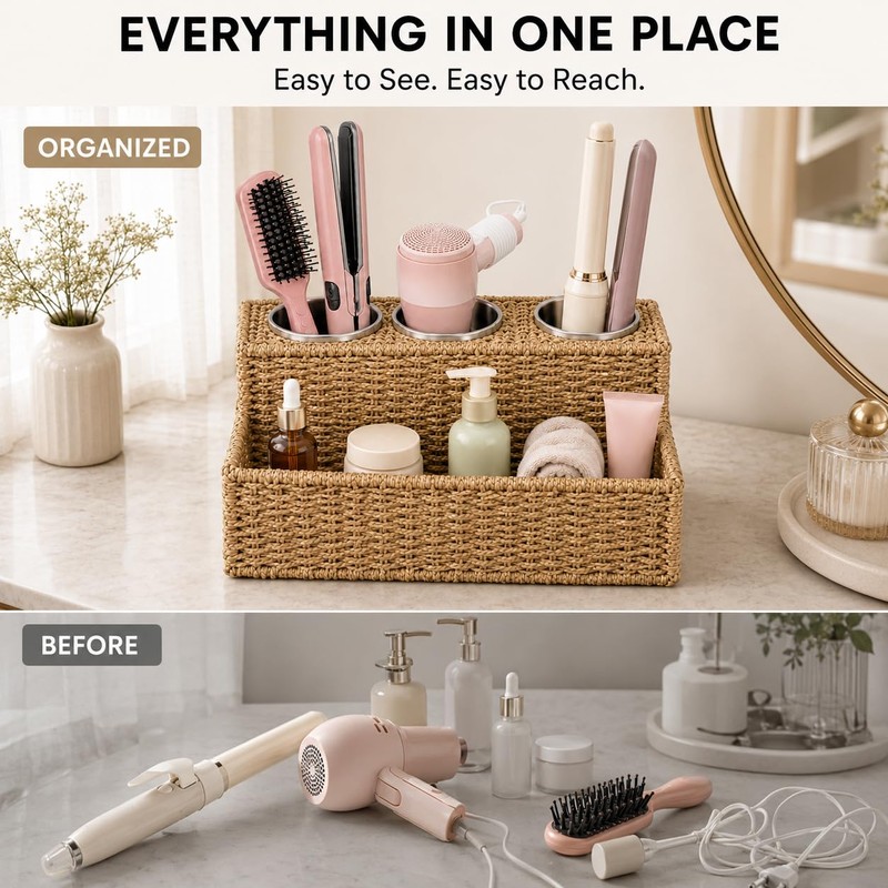 Hair Tool Organizer Countertop with 3 Stainless Steel Cups, Woven