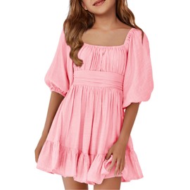 Girls Summer Dresses Square Neck Lantern Sleeve Tie Backless Ruffle A-Line Party Mini Dress Pink