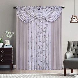 Sapphire Home Floral Sheer Curtains - Multicolor Flower 4 Panels Set with 3 Valances, 54" x 84", Privacy Voile Window Curtains for Living Room, Bedroom, Kitchen, Dining Room - Sandy/Gray