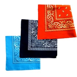 [Kai La Nalu] Bandana, 3 Color Set, Large Handkerchief, Lunch Cloth, Scarf, Square, Paisley, Pattern, 21.7 x inches (55 x cm), 4. Water/Navy/Orange
