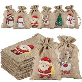 OWill 24 PCS Small Gift Bags, Jute Burlap Drawstring Small Christmas Bags for Christmas Treat Small Gifts