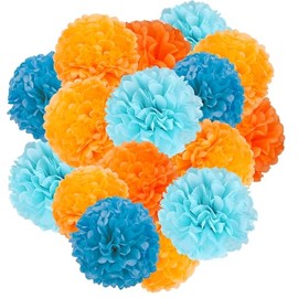 Capesaro Blue and Orange 12 Pieces Paper Pom Poms Party Decorations for Girls Birthday College Graduation Decoration Hanging Decor Tissue Paper Flowers