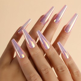 Chrome Press on Nails Long Square Fake Nails Ballerina Mirror Pink Purple Coffin False Nails Holographic Purple Pink Glue on Nails Metallic Laser Acrylic Nails for Women 3D Nail Art