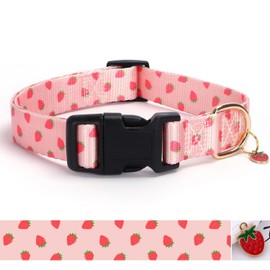 Pink Strawberry Pattern Dog Collar with Buckle Adjustable Safety Nylon Collars for Small Medium Large Dogs, Cute Stylish Girl Boy Christmas Dog Collar （Pink Strawberry,S