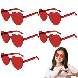 PLULON 5 Pairs Heart Sunglasses for Women Red Heart Glasses Valentine's Day Rimless Heart Shaped Sunglasses Candy Color Fun Glasses for Party Favor (Red)