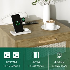 Nightstand with Charging Station,Rattan Night Stand with Solid Wood Legs, Bedside Table with USB Ports & Outlets Bed Side Table,End Table for Bedroom,Living Room