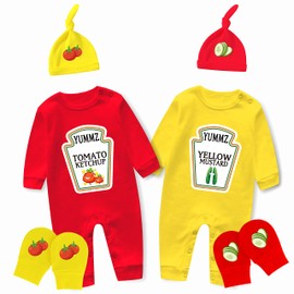 AOUYOA Baby Twins Bodysuit Long Sleeve Clothing Yummz Ketchup Mustard Baby Romper Baby Outfits with Gloves(L RY hat g 6m)
