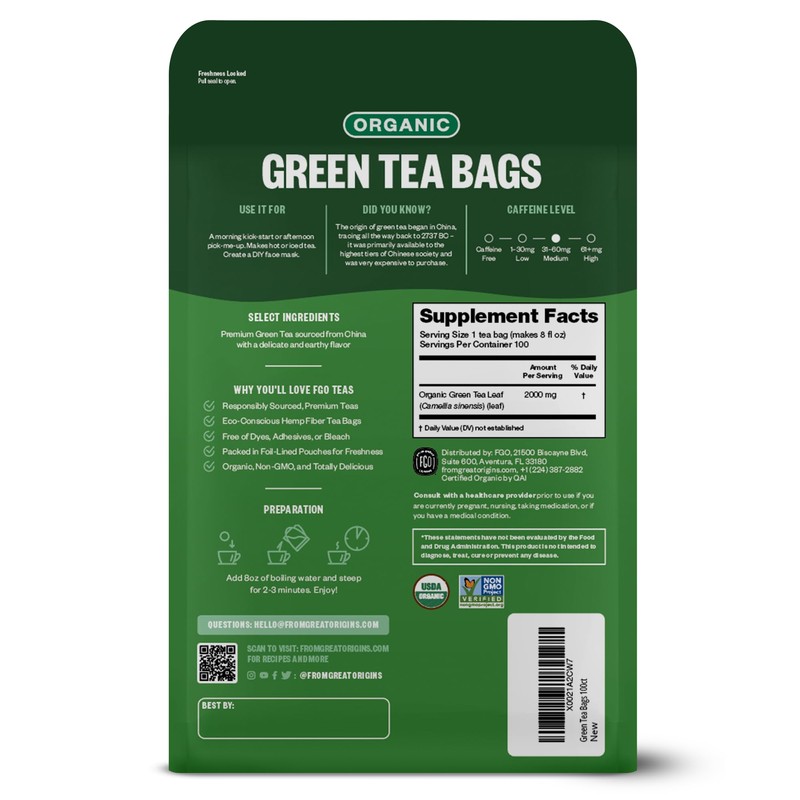 FGO Organic Green Tea, 100 Count Eco-Conscious Tea Bags, Caffeinated,