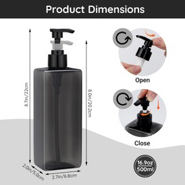 Segbeauty 16.9oz Shampoo Bottles Refillable Pump Bottle, 3pcs Shower Bottle Soap Dispenser with Labels, 500ml Gray Empty Plastic Square Shampoo Conditioner Dispenser, Body Wash Containers for Bathroom