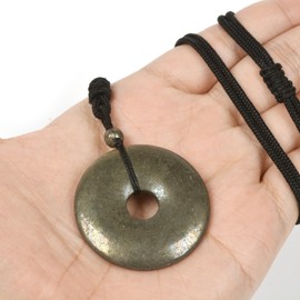 Justinstones Natural Pyrite Peace Donut Healing Crystal 40mm Circle Coin Shaped Stone Pendant Adjustable Braided Cord Necklace 28 Inch