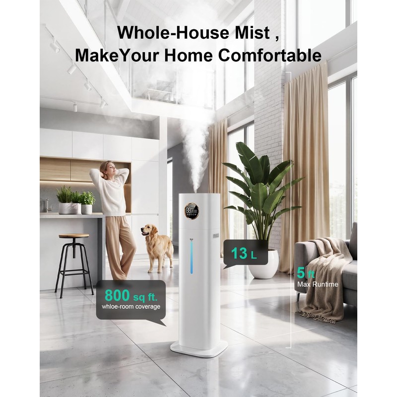 Cool Mist Humidifiers for Large Room 800ft²,13L 100H Runtime, 25dB