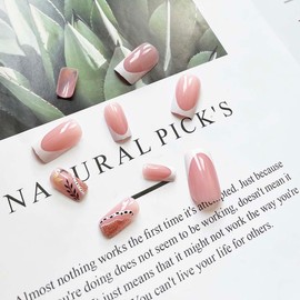 SINLOV Pack of 24 Nude Square Fake Nails Shiny Leaf Print on French Nails Complete Cover Fake Nails for Women and Girls