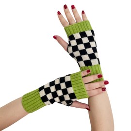 DUNKOING Womens Knitted fingerless Glove Half Finger Gloves With Thumb Hole checkered Warm Mittens Winter Hand Wamers Girls (Green, M)