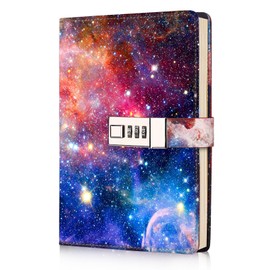 sayrrame Diary with Lock for Women Girls, School Supplies, Galaxy Journal with Lock for Writing, A5 Secret Leather Refillable Notebook with Lcok, 192 Pages, 8.6x5.8 in
