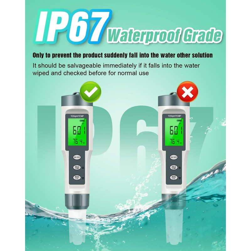 Digital pH Meter with TDS and Temperature Display, LCD Screen,