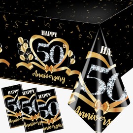 50th Anniversary Tablecloth, 3Pcs Black Gold 50th Wedding Anniversary Table Covers, Rectangle Plastic Happy Anniversary Tablecloths for 50th Anniversary Party Decorations