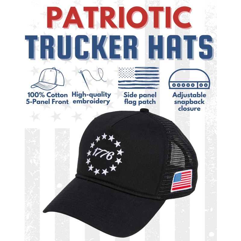 Structured Cotton Mesh 5 Panel Vintage Trucker Hat: 1776 (Black)