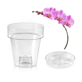 TERAPLAST Porto Clear Orchid Vase with 4 Drainage Holes Vase 14cm Diameter Complete with Saucer