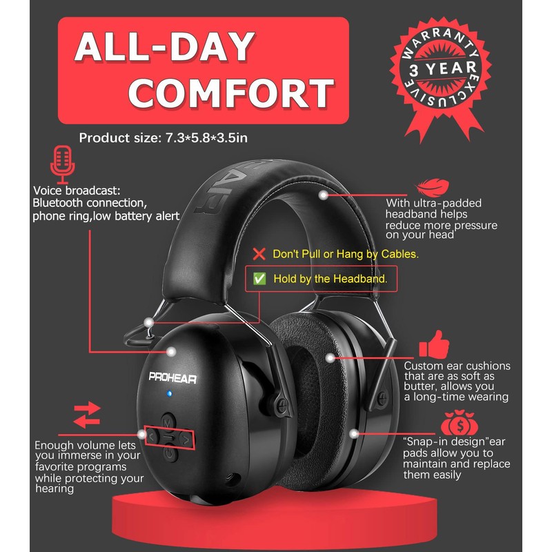 PROHEAR 037 Bluetooth 6.0 Hearing Protection Headphones with Rechargeable 1500mAh