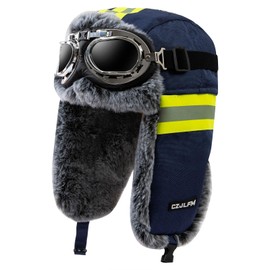 Gvatasz Aviator Hat with Goggles for Men Pilot Cap Vintage Goggles Costume Fur Ear Flaps Winter Trapper Hat Trooper Hat,Blue