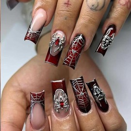 Gothic Red Press On False Nails – Handmade Long Square Nails with Spider Web Design, Jelly Glue Artificial Nails Set for Women, Elegant Touch Nail Art Set