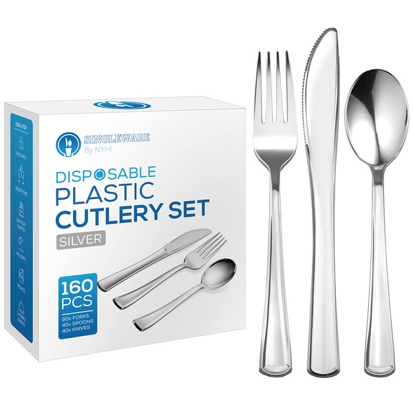 Heavy Duty Plastic Silverware Set | 160 Piece Disposable Cutlery Set Includes 80 Forks, 40 Knives & 40 Spoons | High End Plasticware Is Perfect For Catering, Parties, Dinners, Weddings & Everyday Use
