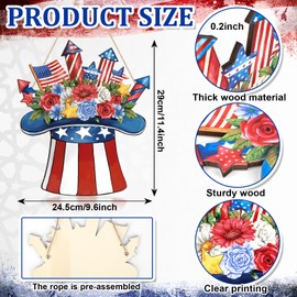 Wooden 4th of July Decoration Door Wreath for Front Door Sign Star Wall Signs, Independence Day Patriotic Day Wreath Welcome Memorial Day Hanging for Home Wall Decor Party Outdoor Indoor Hat