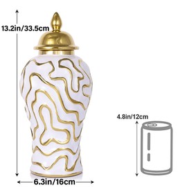 13.2" White and Gold Luxury Ceramic Ginger Jar Vase with Lid - Modern Abstract Ginger Jar Decorative Vase for Home Decor, Living Room, Kitchen, Dining Table, Cabinet, Bookshelf Decor, Storage Jar