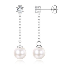 Dochais S925 Pearl Earrings 14K Gold-Plated Pearl Earrings Gold/Silver Pearl Earrings Hanging Earrings Beads Waterproof Hypoallergenic Fashion Jewellery Earrings for Women Girls Gift, Sterling Silver