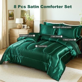 Bedding_Dreamer Satin Comforter Set with Sheet Set Queen Silk Like Green Bed in a Bag 8 Pieces Luxury Silky Sheet Set with Comforter Set with 1 Cushion Cover (Queen, Blackish Green)