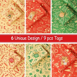 Christmas Wrapping Paper, 6 Sheets Xmas Wrapping Paper Set with Tags Stickers and Paper Rope, Gift Wrapping Paper Recycled Kraft Paper for Christmas, Arts, Crafts Decorations