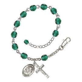 Bonyak Jewelry Hand Made Silver Plate December Blue Rosary Bracelet with 6mm Fire Polished Beads Featuring a St. Rose of Lima Charm.
