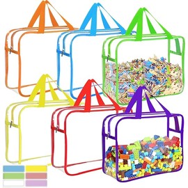 6 Packs Large Toy Storage Bags with Labels, Reusable Clear PVC Board Game Storage, Travel Waterproof Organizer Bags with Zipper for Building Blocks, Puzzle, Kids Books（6 Colors）