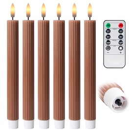 West Ivory 6 Pack, 10" LED Flameless Brown Tan Fluted Ribbed Grooved Taper Candles, Remote & 24h Timer Memory, On/Off Button, Dimmable, Flicker Mode, Battery Operated, Christmas Menorah Wedding