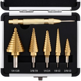 Step Drill Bit Set 6Pcs High Speed Steel Step Drill Bit with Automatic Center Punch for Metal, Wood, Plastic, 50 Sizes Step Bit with Aluminum Case for DIY Lovers, 1/8" to 1-3/8"