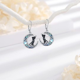 LOOVE Black Cat Earrings for Women Sterling Silver Celtic Moon Earrings Cat Moonstone Earrings Dangle Leverback Cat Earrings Drop Black Cat Jewelry