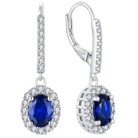 YL Women's Earrings 925 Sterling Silver 12 Birthstone Cubic Zirconia Oval Earrings, Silver, Sapphire