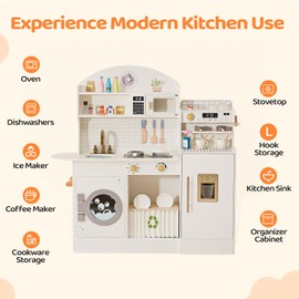 JOYMOR Wooden Play Kitchen w/Coffee Machine, Plenty of Play Pretend Kitchen Accessories, Kids Play Kitchen Design, Best Gift for Ages 3+ (Cream&Gold)