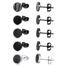 SAILIMUE 5Pairs Black Round Stud Earrings Set for Men Women 316L Surgical Stainless Steel Matte Black Ear Studs 6mm-12mm