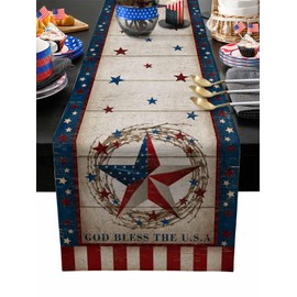 4th of July Table Runner 13x72 Inches Long Rustic American Barn Star Stripes Table Runners Cotton Linen Wood Grain Independence Day Dresser Scarf Kitchen Dinner Table Decor for Memorial Day Party
