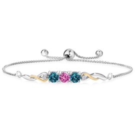 925 Sterling Silver and 10K Yellow Gold Pink Created Sapphire London Blue Topaz and Lab Grown Diamond Tennis Bracelet For Women (1.97 Cttw, September Birthstone, Fully Adjustable Up to 9 Inch)