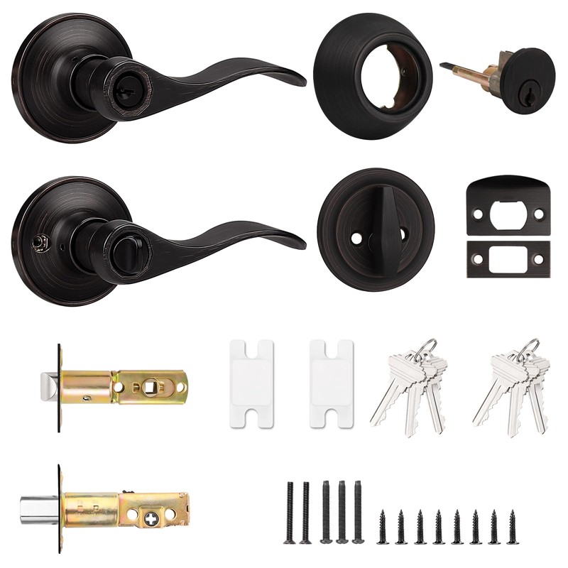 Probrico Oil Rubbed Bronze Entry Lever and Deabolt Set, Keyed