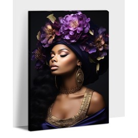 Woman Canvas Wall Art African Decor Framed Purple Flower Painting Black Girl Picture Modern Female Artwork for Living Room Bedroom Home Office Ready to Hang - 12"x18"