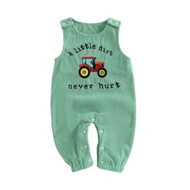 Carolilly Infant Baby Dungarees Newborn Baby Boys Sleeveless Corduroy Romper Round Neck Tractor Embroidery Jumpsuit Toddler Cute Clothes (Green, 6-12 Months)
