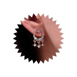 Inateannal Boho Crystal Moon Star Earring Rhinestone Northstar Dangle Earrings Crystal Star Tassel Earring Gold Cz Crescent Stud Earring Sparkly Starburst Earrings Jewelry for Women and Girls