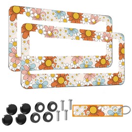 2pcs Colorful Dasiy Floral License Plate Frame for Women,Orange Floral car Decorative tag Frames Girly,Vintage Dasiy Flowers Plant Theme License Plate Cover Holder for Vehicle with car tag Keychain