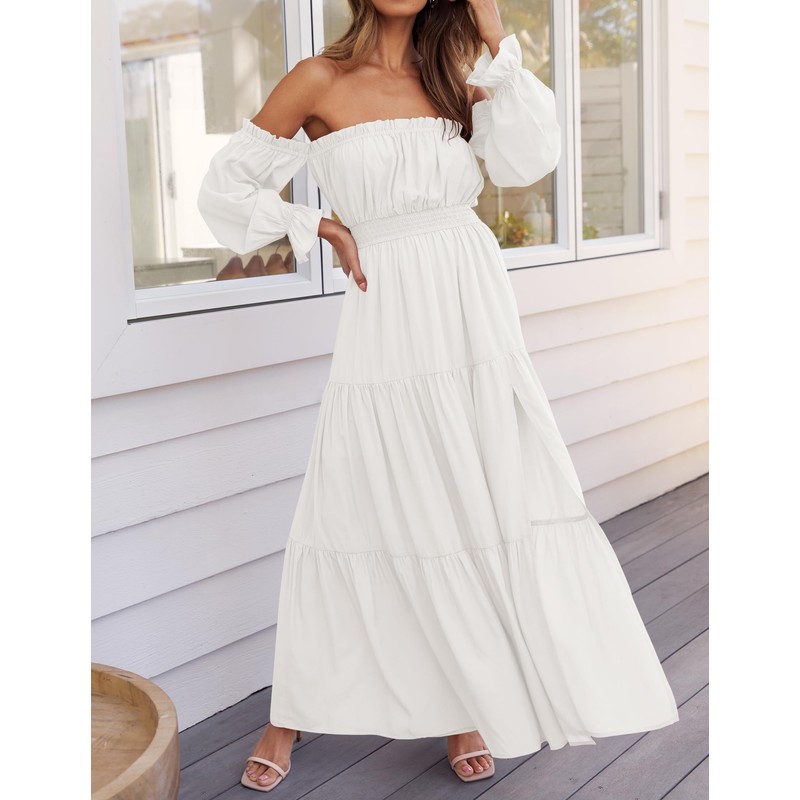 ZESICA Women's 2025 Boho Sexy Off Shoulder Long Sleeve Smocked