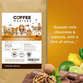 Coffee Masters Brazil Carbon Neutral Coffee Beans 200g - Single Origin 100% Arabica Coffee Beans for a Heavy Bodied Creamy Espresso - Medium Roasted Brazilian Coffee Beans Ideal for Espresso Machines
